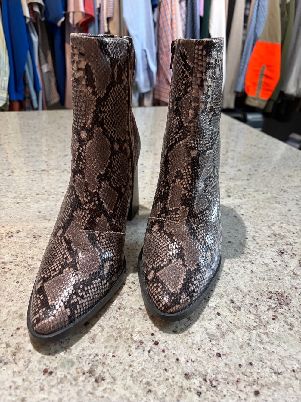 Snake-Print Ankle Booties in Brown